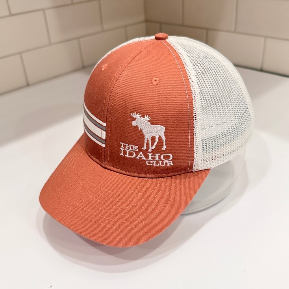 The Idaho Club Moose Logo Trucker Hat Snapback Orange White Cloud-Fit